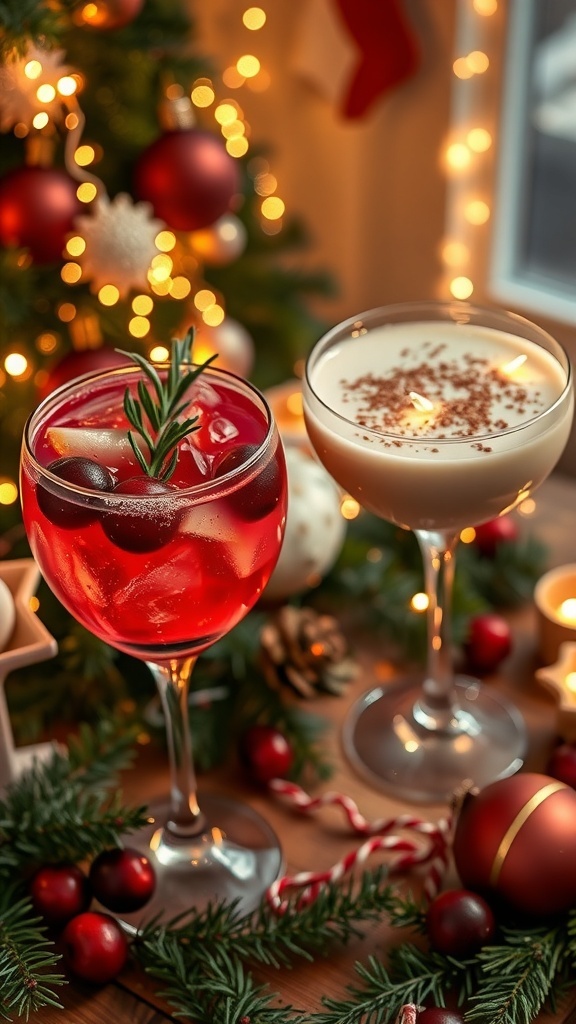 A festive table with Christmas cocktails including cranberry spritzer and eggnog, decorated for the holidays.